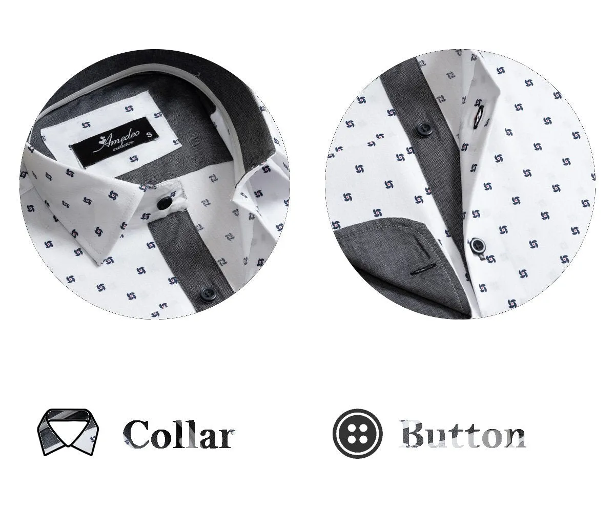White With Black Dots Men's Slim Fit French Cuff Shirts with Cufflink Holes - Casual and Formal