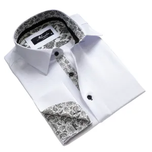 White with Black Paisley Mens Slim Fit French Cuff Dress Shirts with Cufflink Holes - Casual and Formal