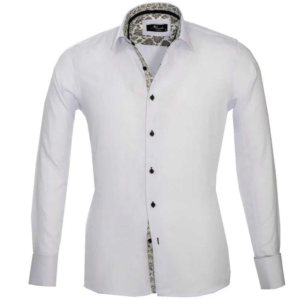 White with Black Paisley Mens Slim Fit French Cuff Dress Shirts with Cufflink Holes - Casual and Formal