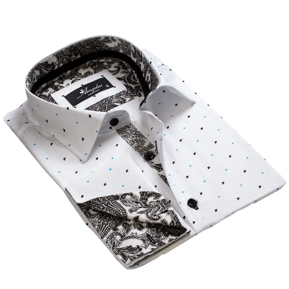 White with Black Paisley Mens Slim Fit French Cuff Shirts with Cufflink Holes - Casual and Formal