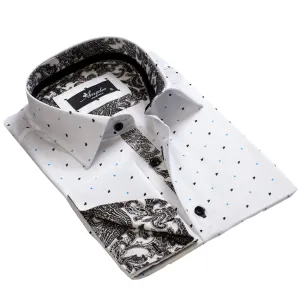 White with Black Paisley Mens Slim Fit French Cuff Shirts with Cufflink Holes - Casual and Formal