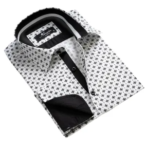 White with Black Pattern Mens Slim Fit French Cuff Dress Shirts with Cufflink Holes - Casual and Formal