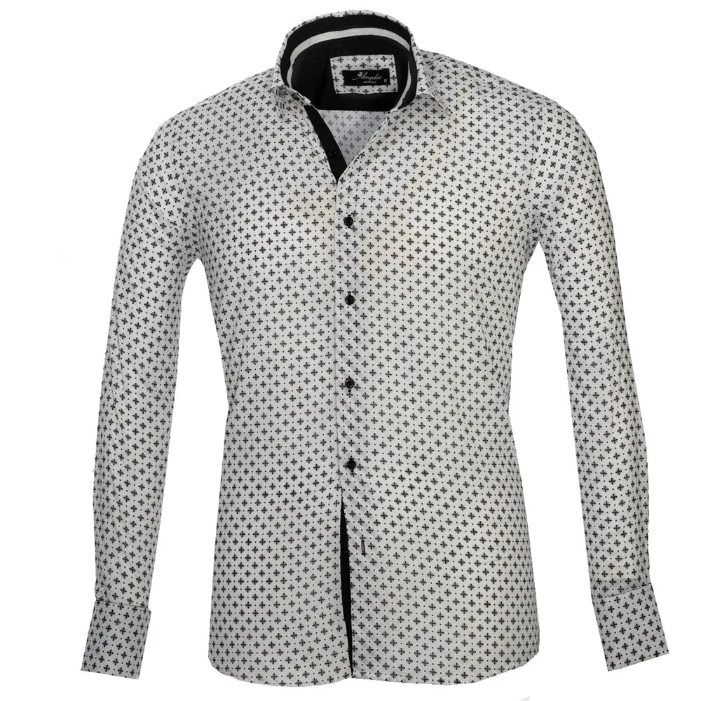 White with Black Pattern Mens Slim Fit French Cuff Dress Shirts with Cufflink Holes - Casual and Formal