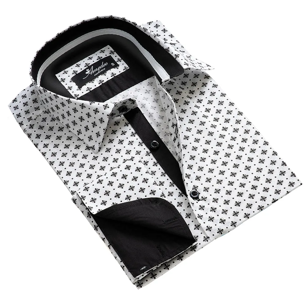 White with Black Pattern Mens Slim Fit French Cuff Dress Shirts with Cufflink Holes - Casual and Formal