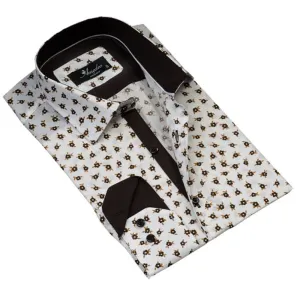 White with Brown Floral Mens Slim Fit Designer Dress Shirt - tailored