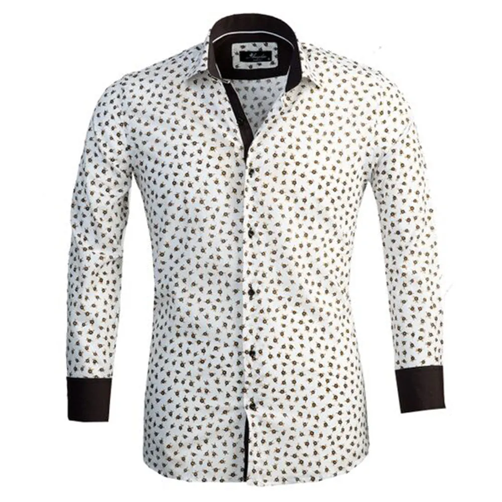 White with Brown Floral Mens Slim Fit Designer Dress Shirt - tailored