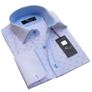 White With Light Blue Mens Slim Fit French Cuff Dress Shirts with Cufflink Holes - Casual and Formal