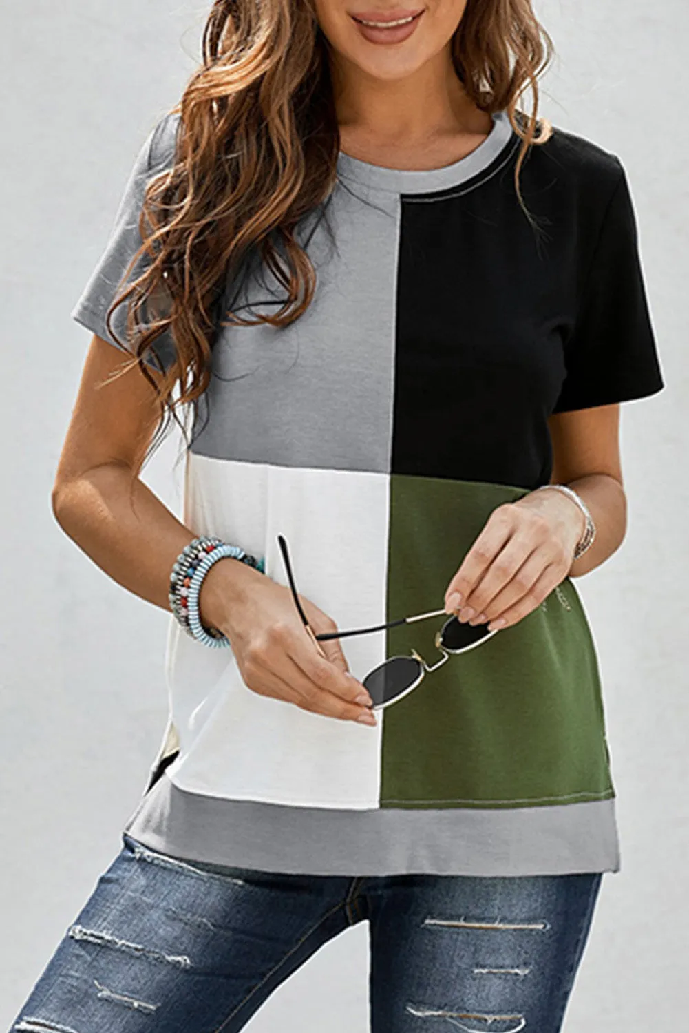 Wine Red Colorblock T-shirt with Slits