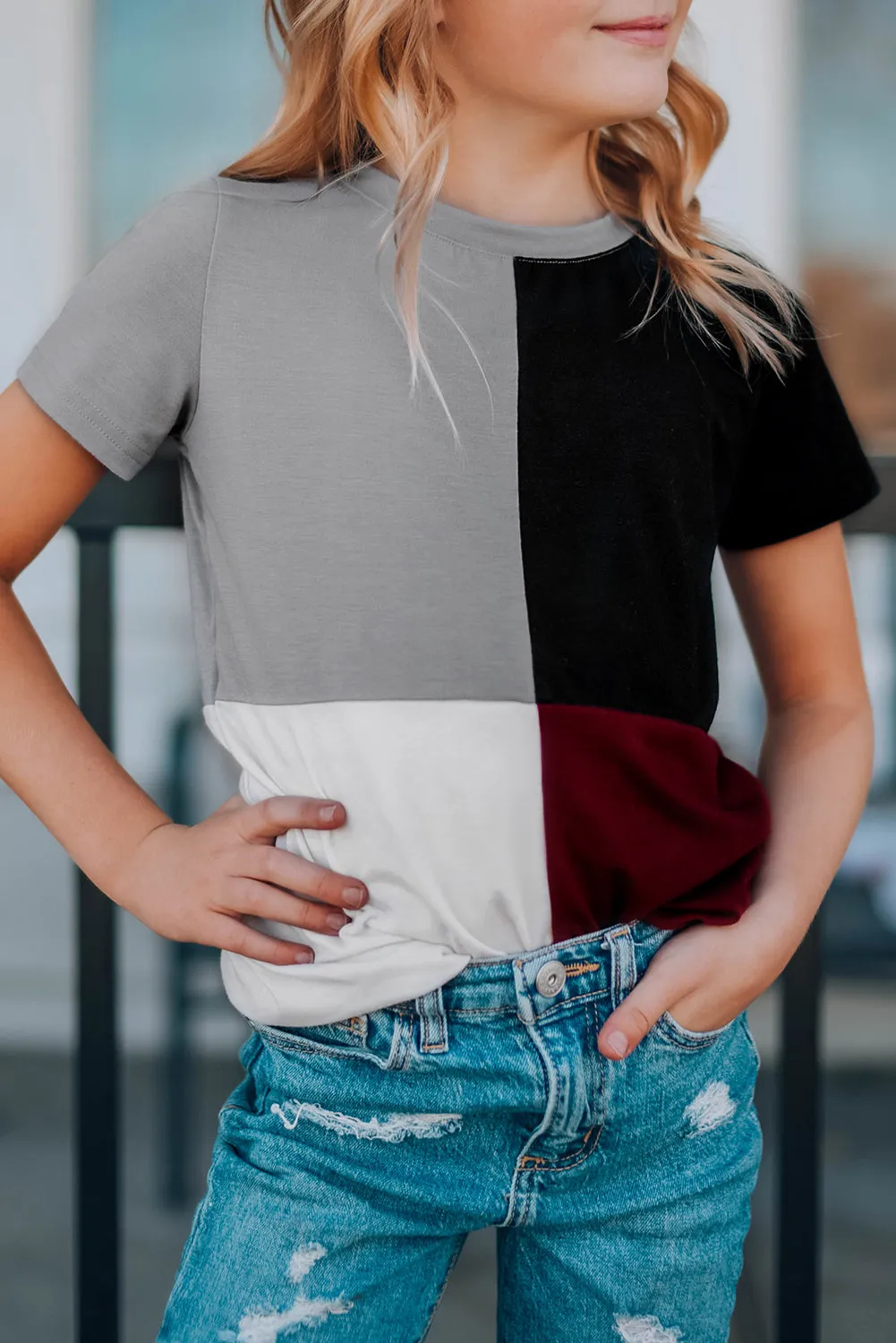 Wine Red Colorblock T-shirt with Slits
