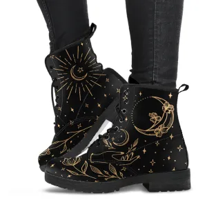 Witchy Moon Flowers Boots, Lace Up Vegan Ankle Boots