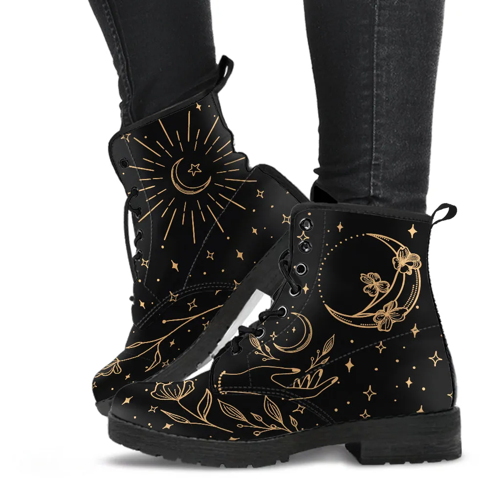 Witchy Moon Flowers Boots, Lace Up Vegan Ankle Boots