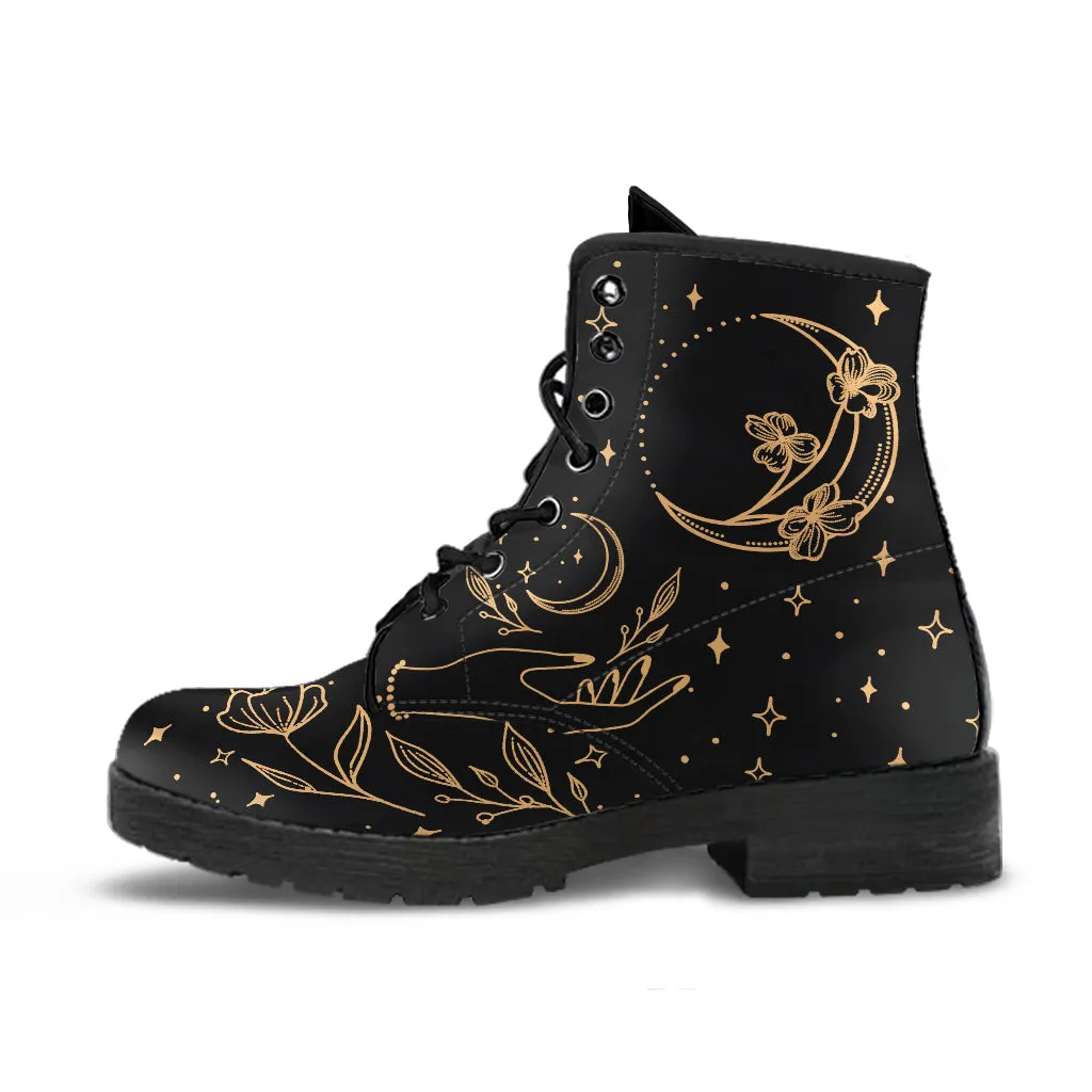 Witchy Moon Flowers Boots, Lace Up Vegan Ankle Boots