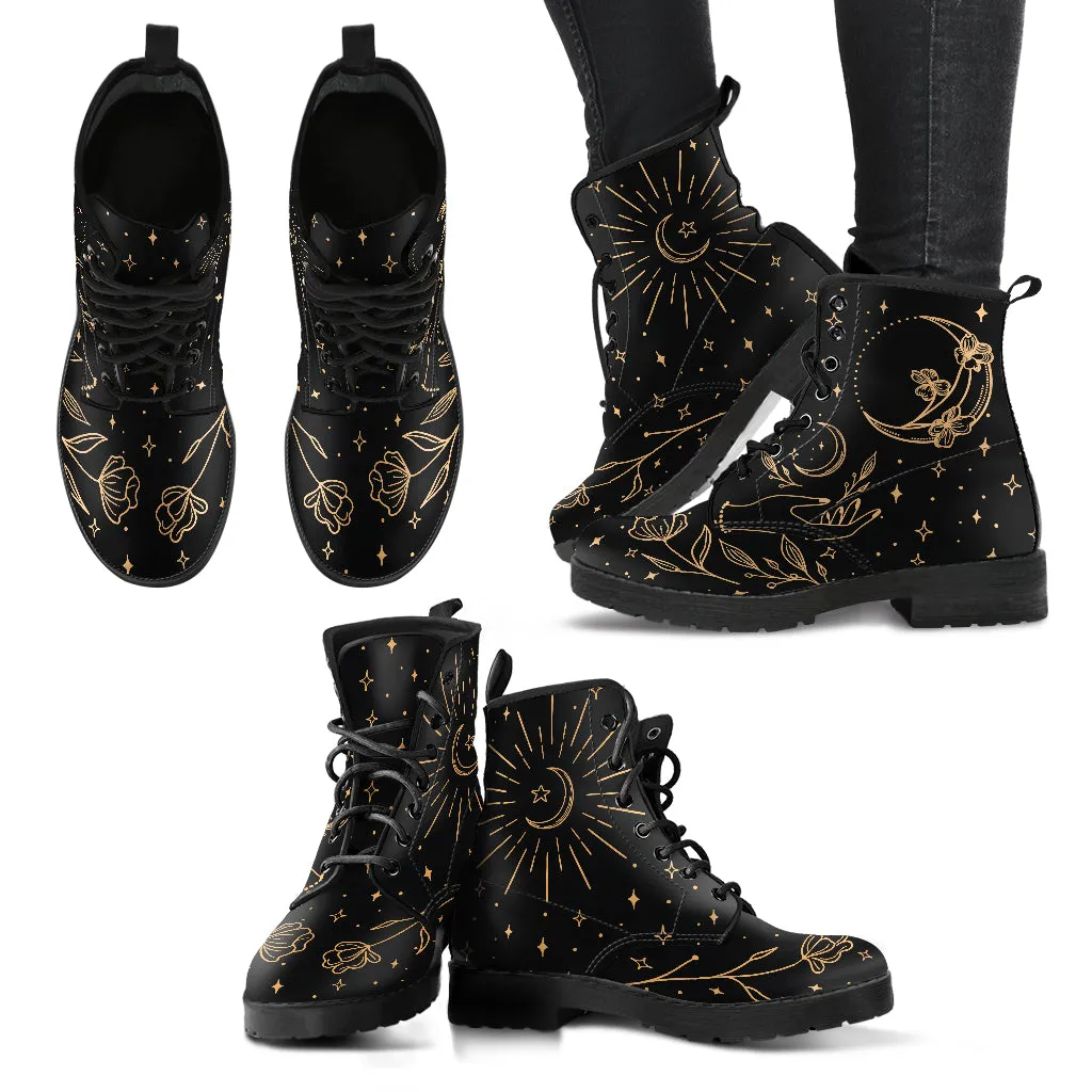 Witchy Moon Flowers Boots, Lace Up Vegan Ankle Boots