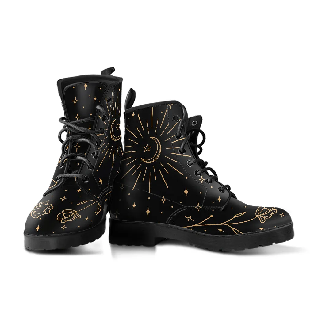 Witchy Moon Flowers Boots, Lace Up Vegan Ankle Boots