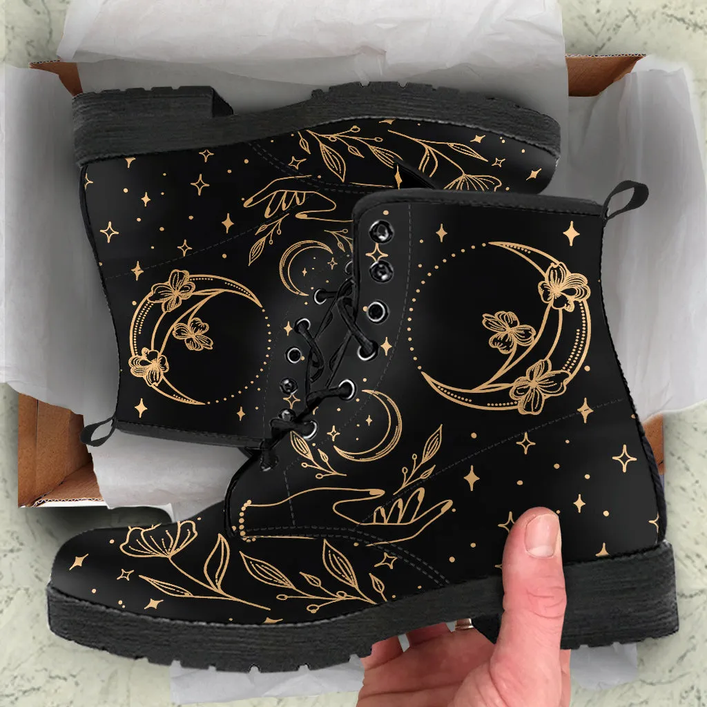 Witchy Moon Flowers Boots, Lace Up Vegan Ankle Boots
