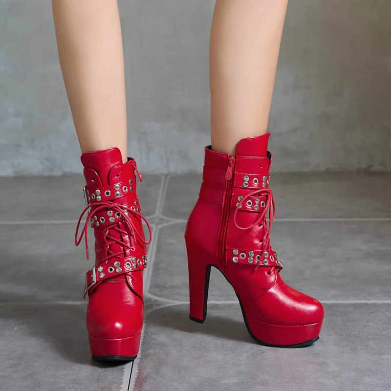 Women Ankle Boots Platform Lace Up High Heel