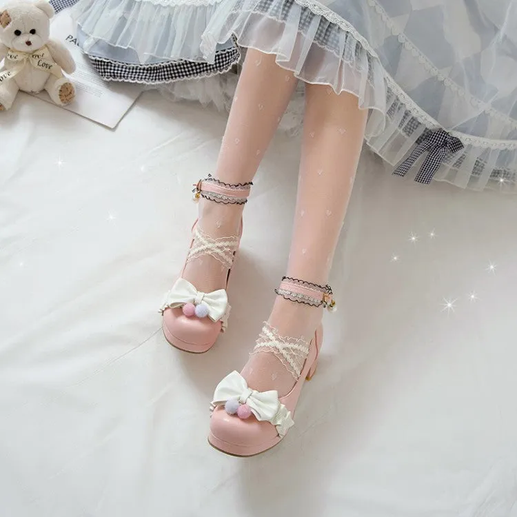 Women Lace Bow Tie Shallow Ankle Strap Chunky Heel Platform Pumps