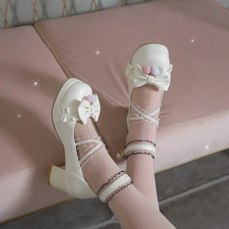 Women Lace Bow Tie Shallow Ankle Strap Chunky Heel Platform Pumps