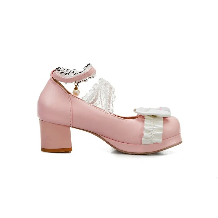 Women Lace Bow Tie Shallow Ankle Strap Chunky Heel Platform Pumps