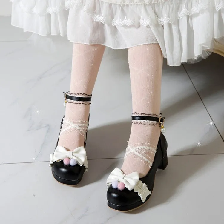 Women Lace Bow Tie Shallow Ankle Strap Chunky Heel Platform Pumps