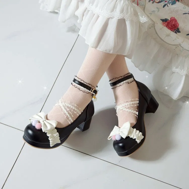 Women Lace Bow Tie Shallow Ankle Strap Chunky Heel Platform Pumps