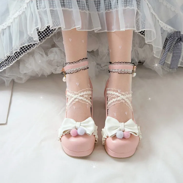 Women Lace Bow Tie Shallow Ankle Strap Chunky Heel Platform Pumps