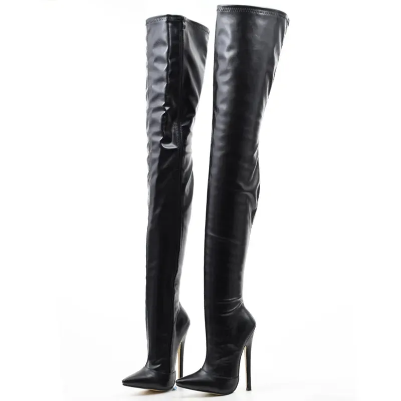 Women Over the Knee Boots 18CM Super High Heel Pointed toe Zip PU Leather Crotch Long Boots