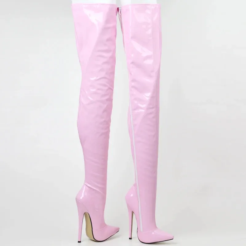 Women Over the Knee Boots 18CM Super High Heel Pointed toe Zip PU Leather Crotch Long Boots