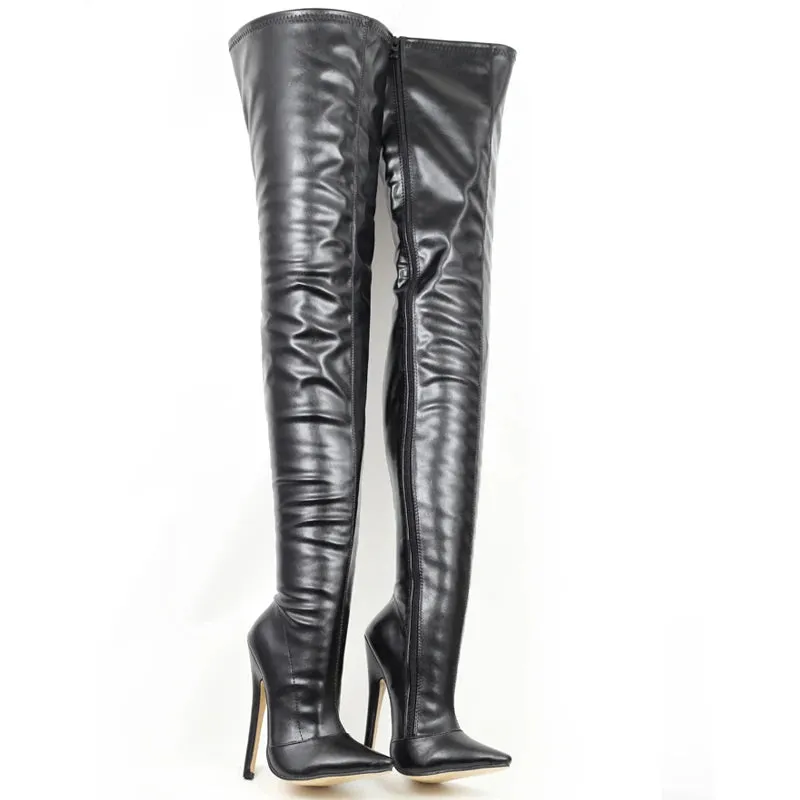 Women Over the Knee Boots 18CM Super High Heel Pointed toe Zip PU Leather Crotch Long Boots
