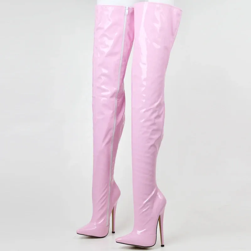 Women Over the Knee Boots 18CM Super High Heel Pointed toe Zip PU Leather Crotch Long Boots