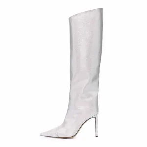 Women pearlite layer pointed toe over knee heeled boots