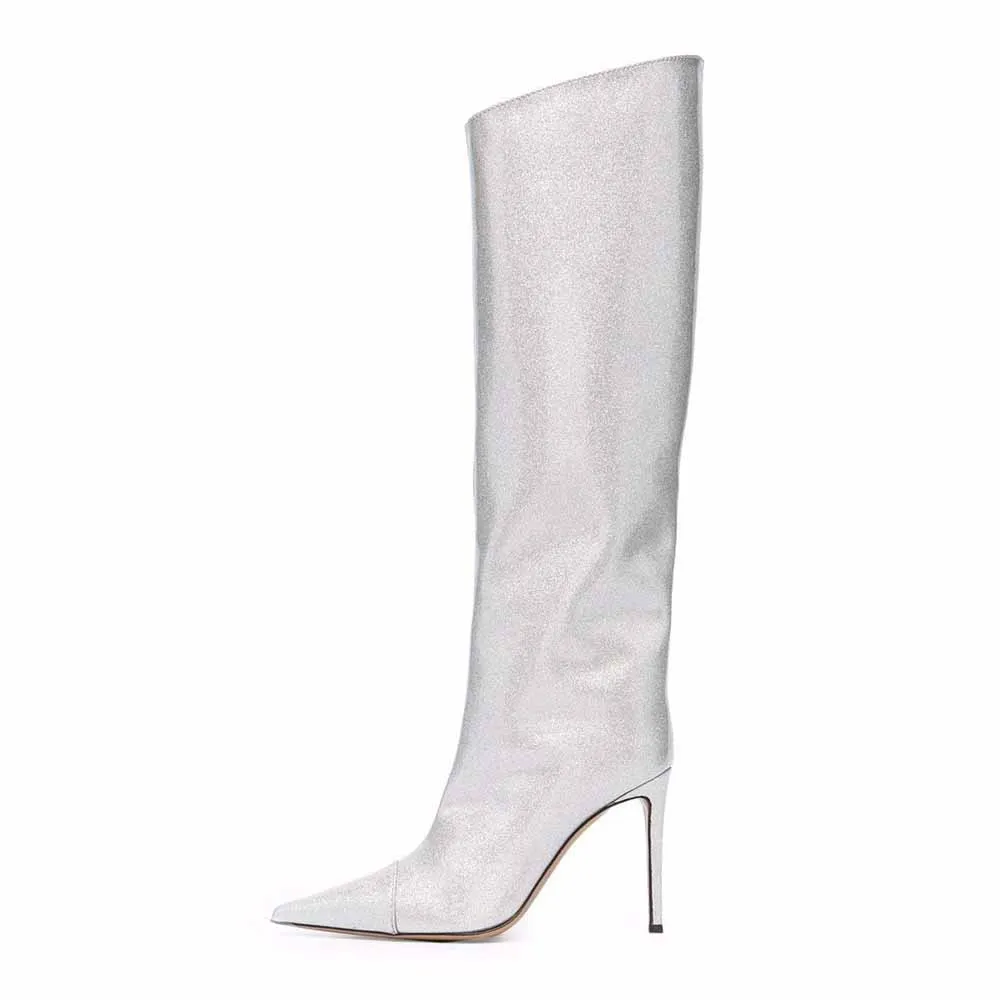 Women pearlite layer pointed toe over knee heeled boots