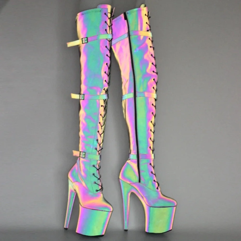Women Pole Dance Boots Reflective Fabric 20CM High Heel Show Shoes