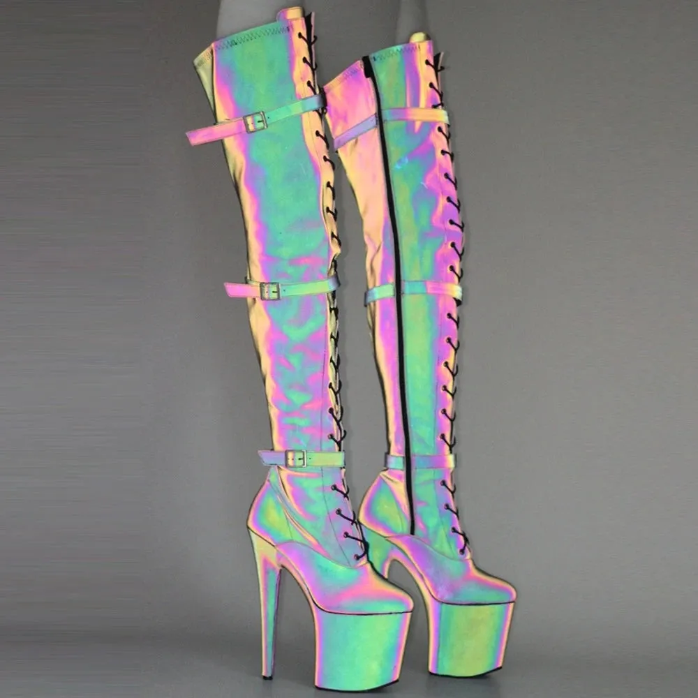 Women Pole Dance Boots Reflective Fabric 20CM High Heel Show Shoes