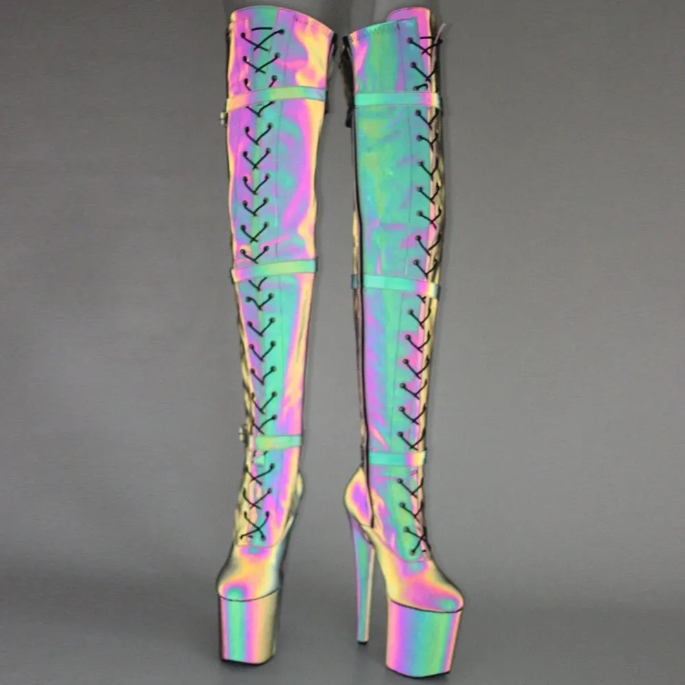 Women Pole Dance Boots Reflective Fabric 20CM High Heel Show Shoes