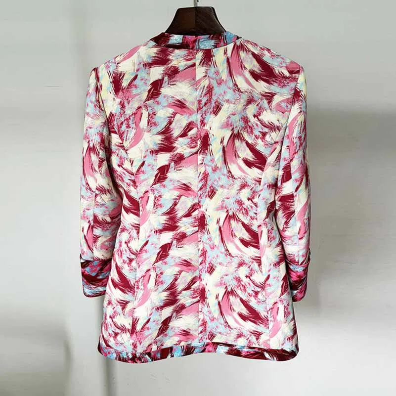 Women Print Collarless Buttons Long Jacket Pantsuit