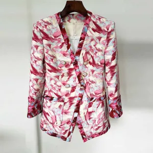 Women Print Collarless Buttons Long Jacket Pantsuit