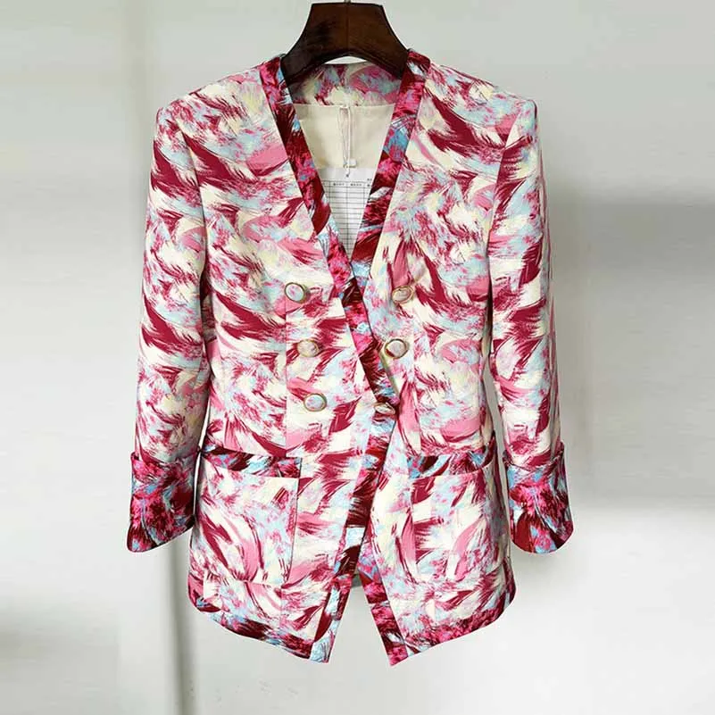 Women Print Collarless Buttons Long Jacket Pantsuit