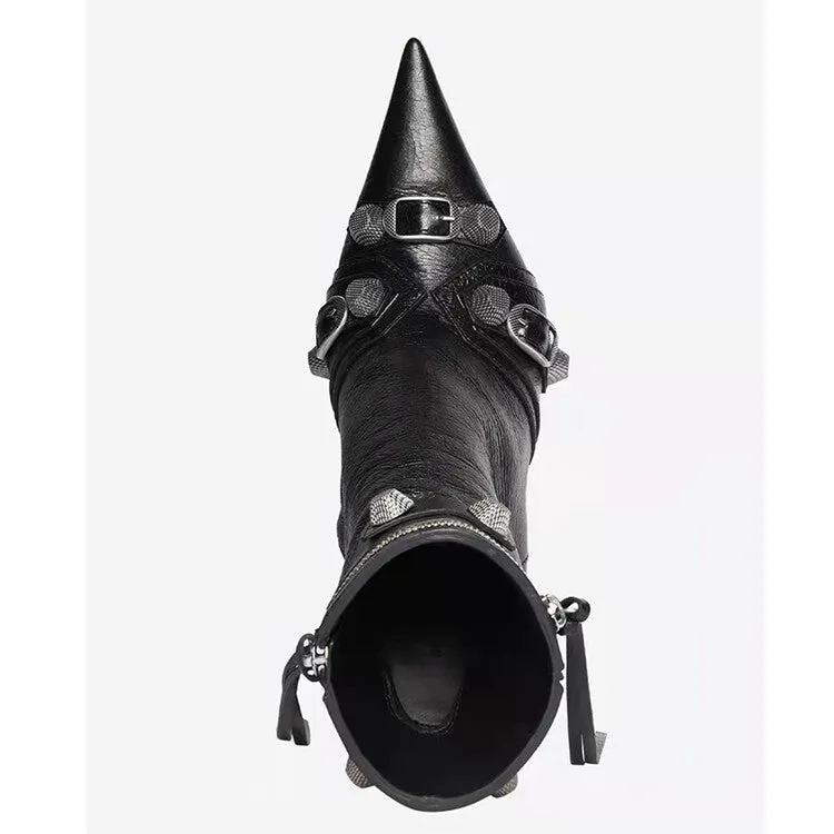 Women Rivets Leather Pointed Toe Ankle Boots