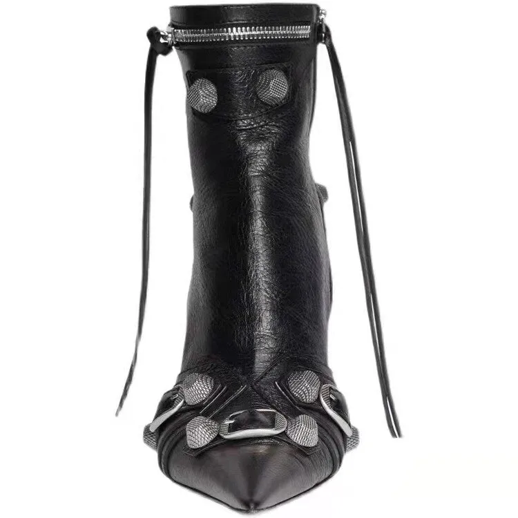 Women Rivets Leather Pointed Toe Ankle Boots