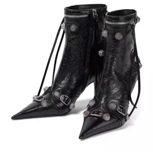 Women Rivets Leather Pointed Toe Ankle Boots