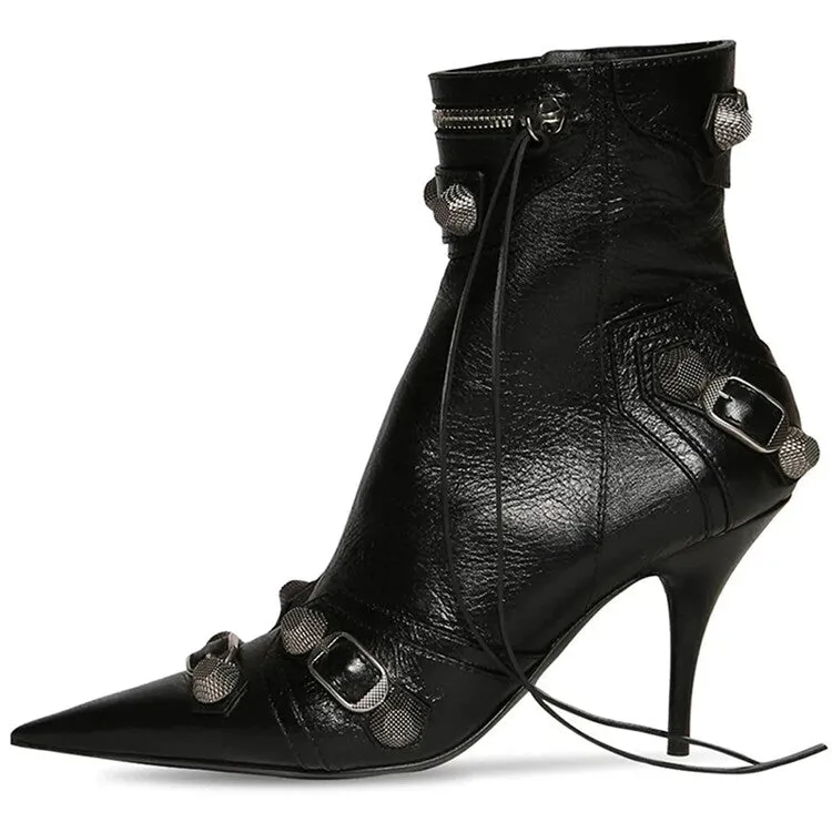 Women Rivets Leather Pointed Toe Ankle Boots