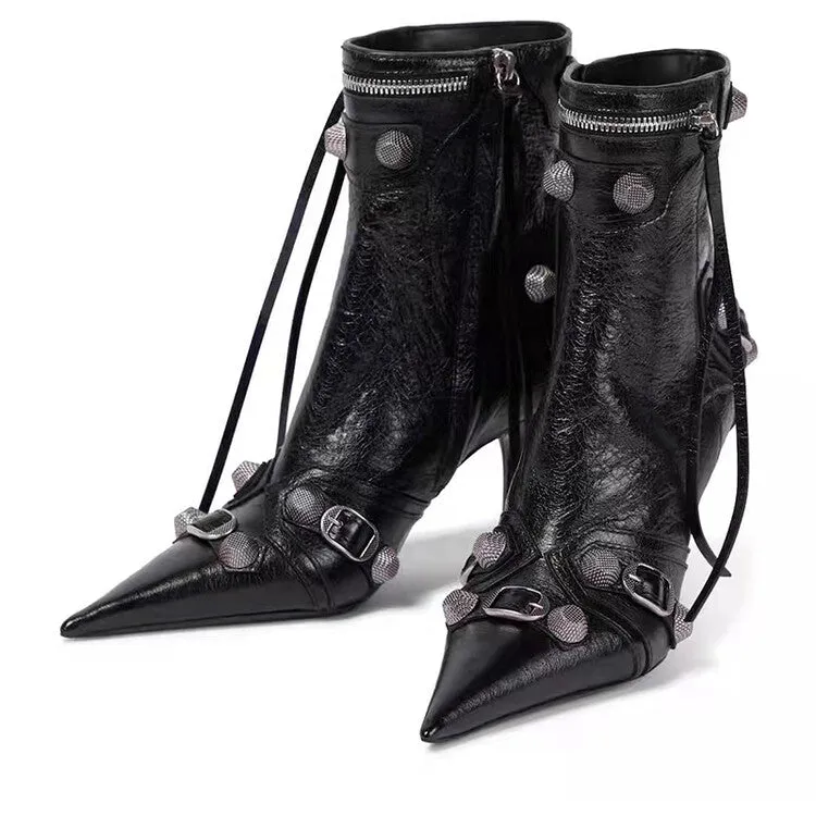 Women Rivets Leather Pointed Toe Ankle Boots