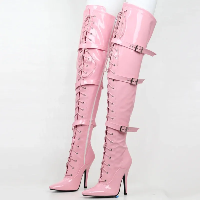 Women Sexy PU Leather 12CM Super High Heel Pointed toe Over-the-Knee Thigh Long Boots