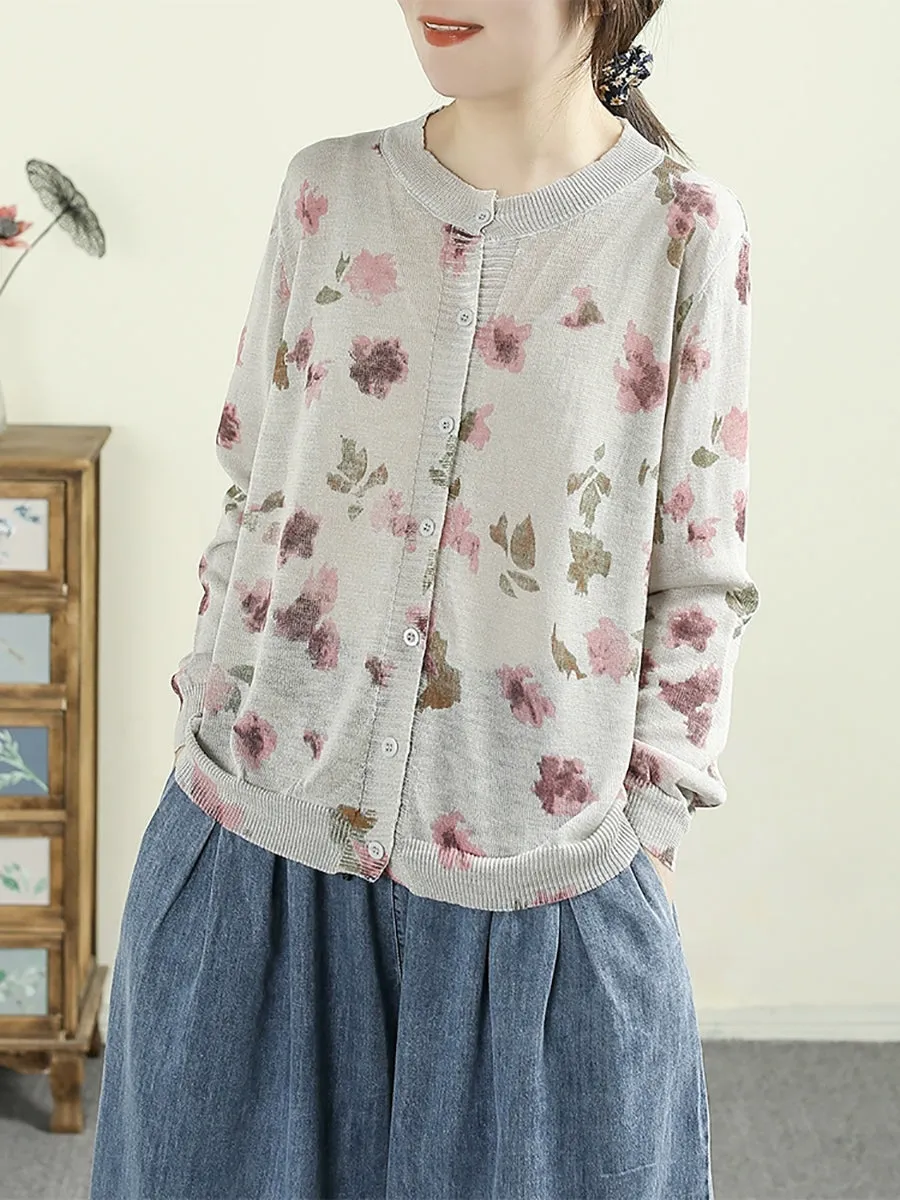 Women Summer Spring Artsy Flower O-Neck Knit Shirt