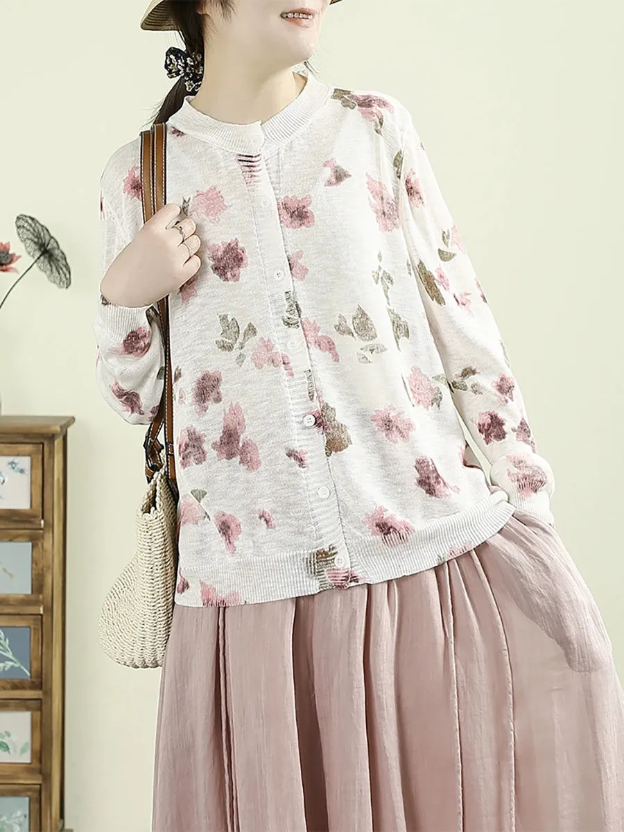Women Summer Spring Artsy Flower O-Neck Knit Shirt