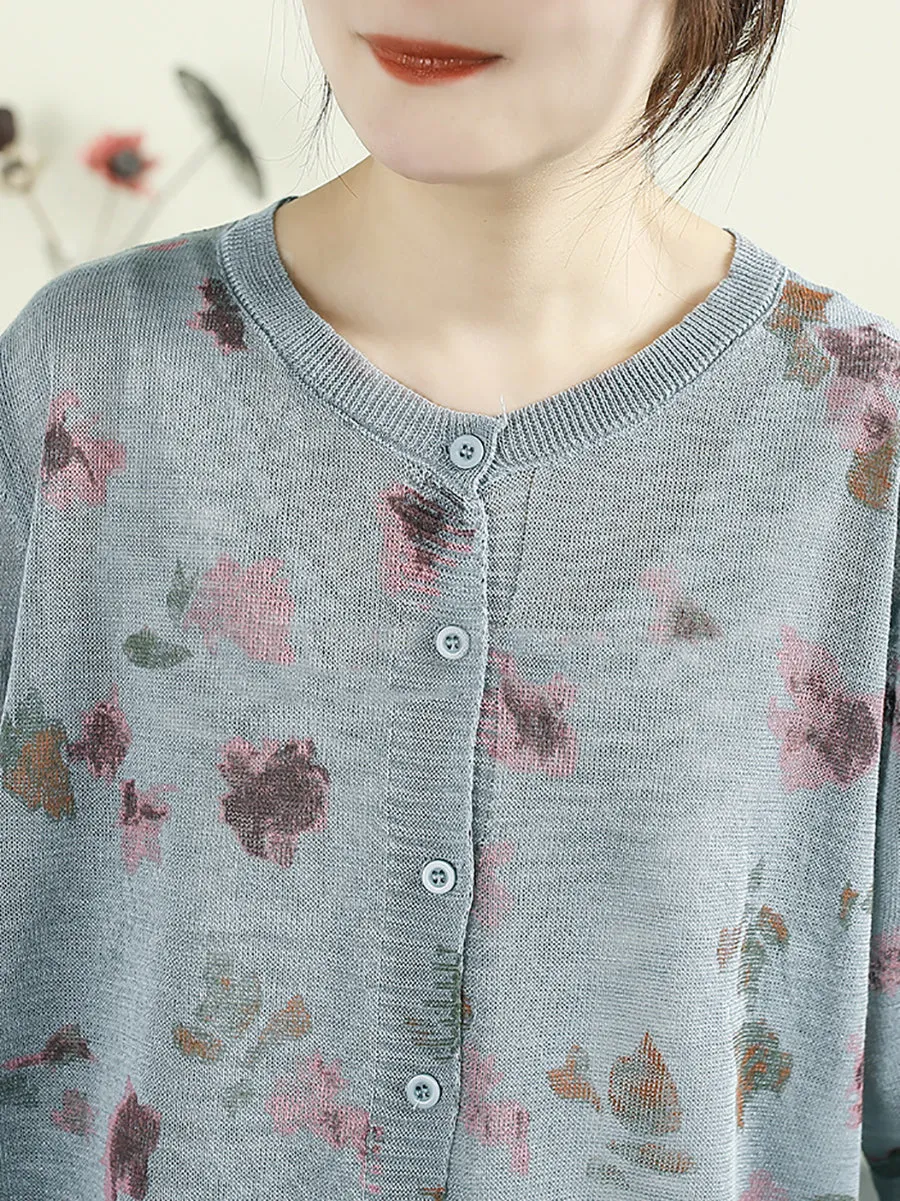 Women Summer Spring Artsy Flower O-Neck Knit Shirt