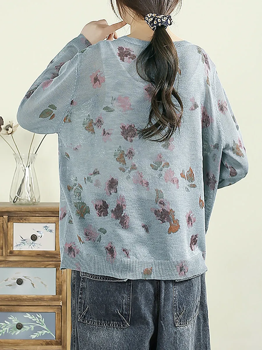 Women Summer Spring Artsy Flower O-Neck Knit Shirt