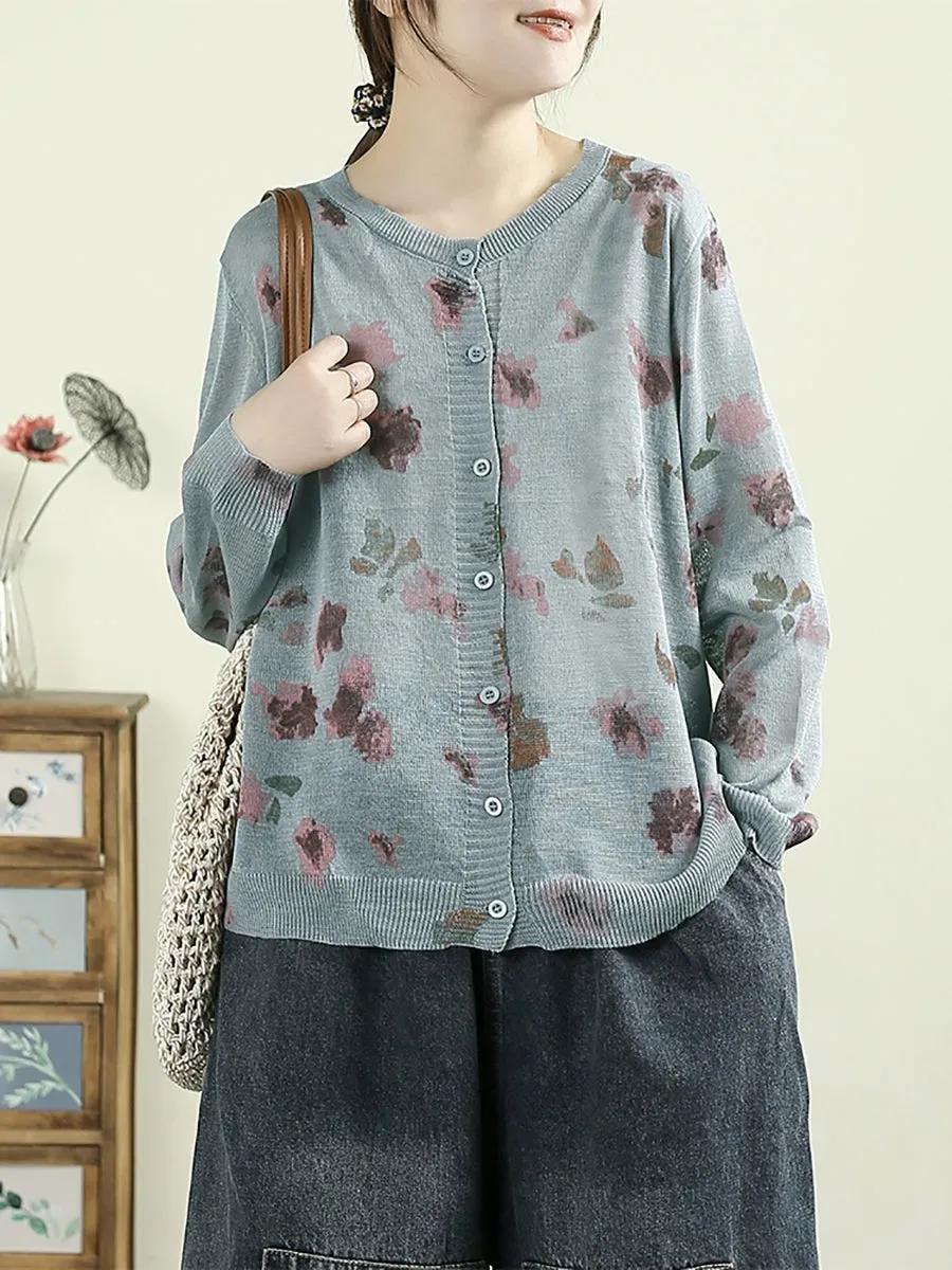Women Summer Spring Artsy Flower O-Neck Knit Shirt