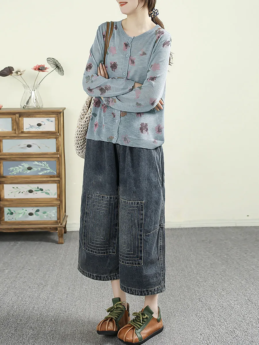 Women Summer Spring Artsy Flower O-Neck Knit Shirt